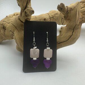 Handcrafted Pink White Purple Beaded Hook Earrings Silver Accents Dangle